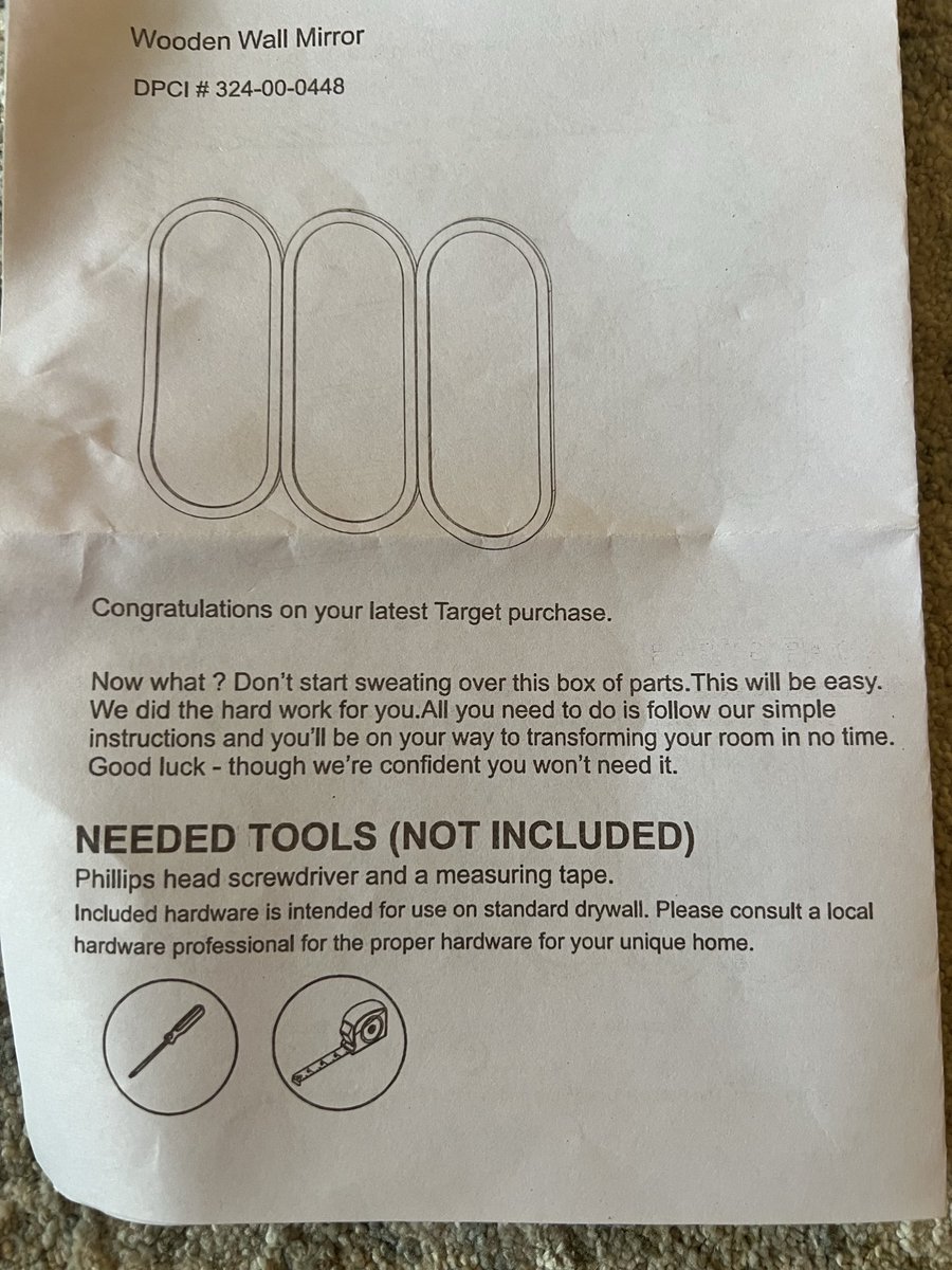 JZyhowski's tweet photo. @Target 

I felt unsure about hanging this mirror but after reading the confidence paragraph, I felt better. Then, I moved onto the most atrociously written step 1 possible. How does that happen? https://t.co/VchvGlnDVr