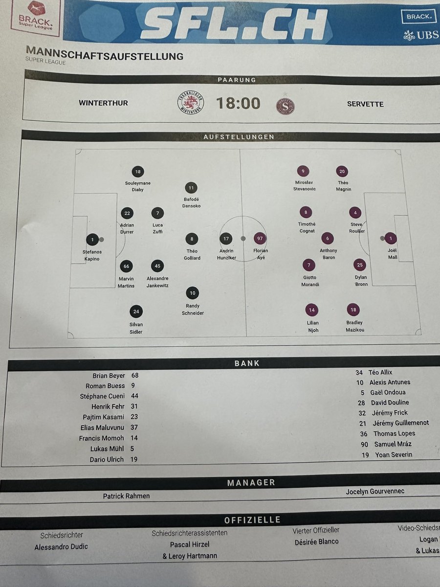 La feuille de match du Winterthour - <a href="/ServetteFC/">Servette FC</a> de ce soir. Baron, Magnin et Morandi titulaires.