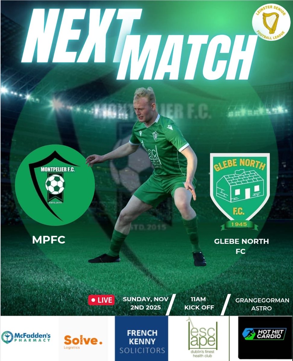 MPFC20's tweet image. Fixture: ⁦@LSLLeague⁩ Senior 1

⁦@OfficialGlebe⁩ next up for the Sunday lads!

Kick off 11am in Grangegorman tomorrow morning.

All Support Welcome 💚🖤

⁦@AlQuinn2015⁩ 
⁦@hitthechannels⁩ 
⁦@FinalWhistleIE⁩