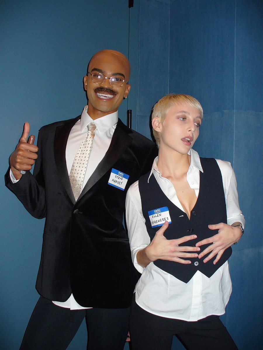 Emma Chamberlain and Owen Thiele as Ellen DeGeneres &amp; Steve Harvey for Halloween.