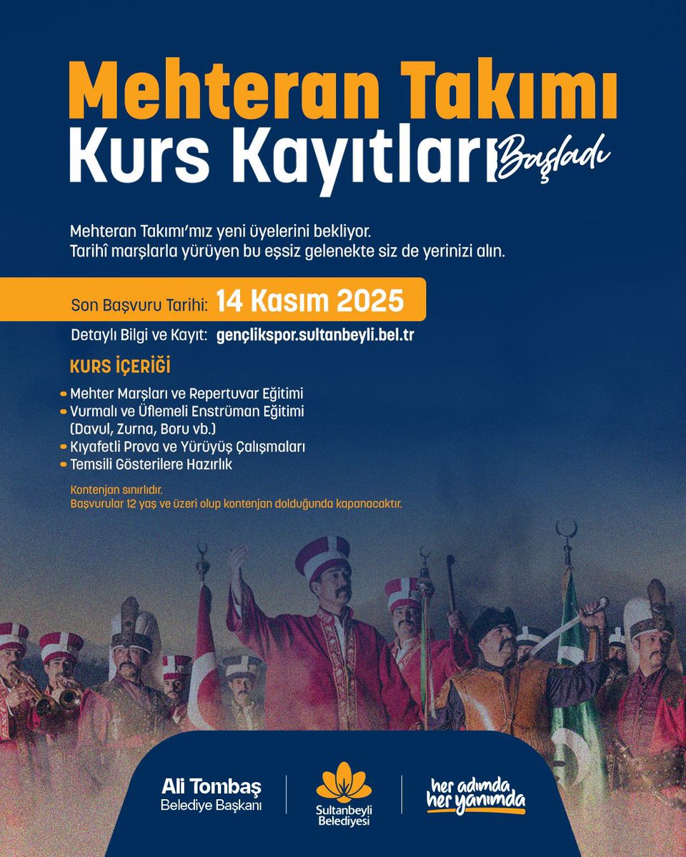 Mehteran Takımı kuruyoruz!

Tarihimizin en kıymetli kültürel mirasından biri olan Mehteran kültürünü Sultanbeyli’mizde yaşatmak için kuracağımız Mehteran Takımı’nda sen de yerini alabilirsin!

❗Son başvuru 14 Kasım

Detaylı bilgi ve kayıt için 👇🏻
genclikspor.sultanbeyli.bel.tr