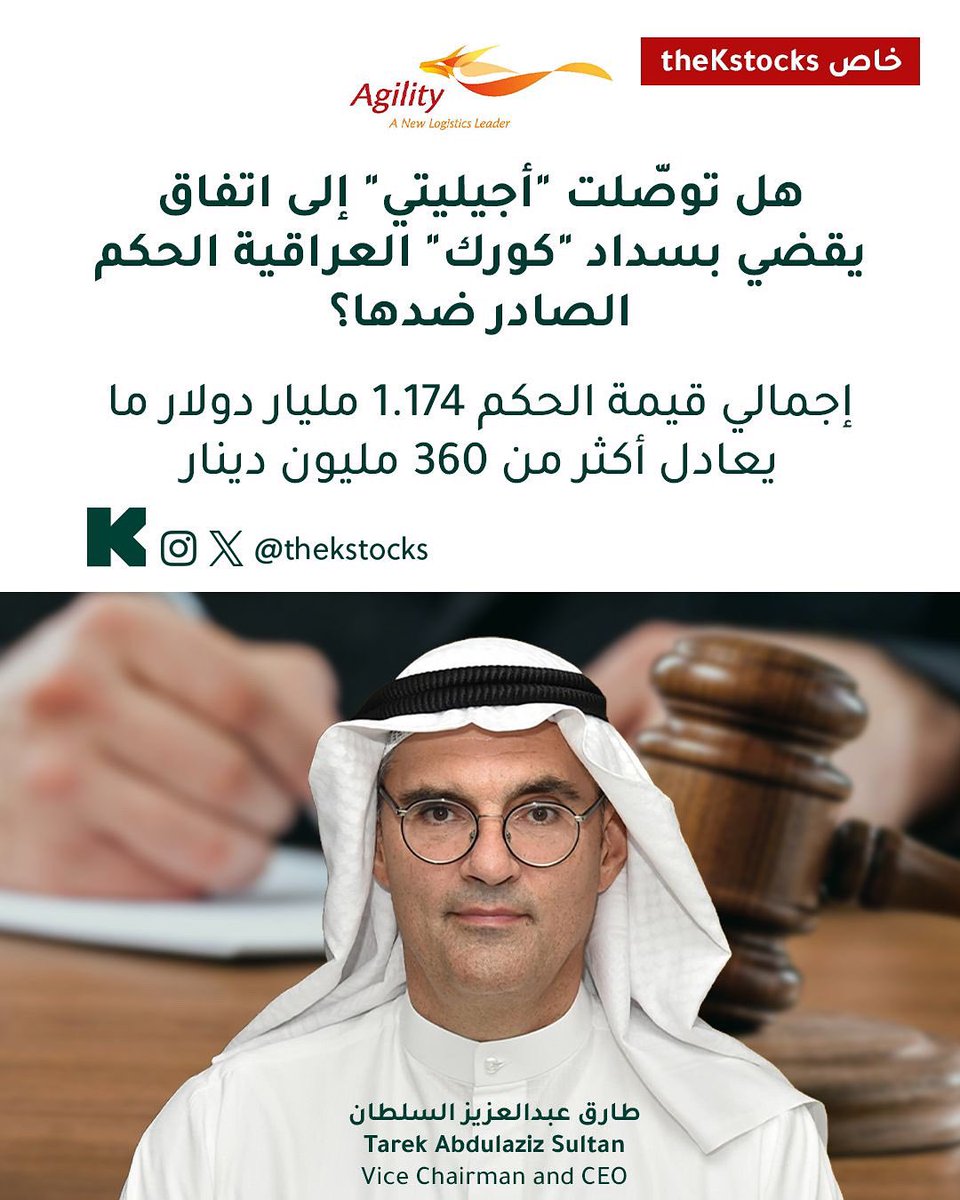 هل توصّلت "أجيليتي" إلى اتفاق يقضي بسداد "كورك" العراقيك الحكم الصادر ضدها؟ 

إجمالي قيمة الحكم 1.174 مليار دولار ما يعادل أكثر من 360 مليون دينار