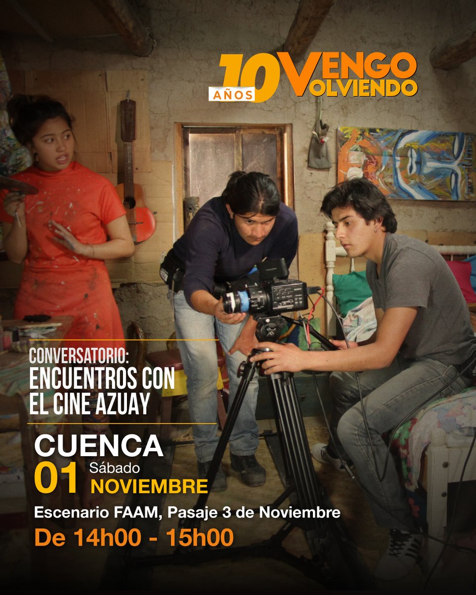 Filmarte_ec's tweet image. 🎬✨ Conversatorio: Encuentros con el Cine Azuay

🗓️ Este sábado 1 de noviembre, de 14h00 a 15h00, te esperamos para celebrar los 10 años de Vengo Volviendo, una película que nació del laboratorio Encuentros con el Cine.