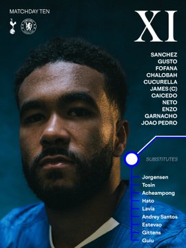 Graphic displays Tottenham Hotspur starting lineup with goalkeeper Vicario defenders Dango Parahinha Bergvall Pedro Porro Spence Sarricant Van de Ven Cuti Romero and substitutes Xavi Richarlison Romero Kulusevski Johnson Spence Bentancur Kulusevski featuring player photos in team kit against blue background with Tottenham crest. Second graphic shows Chelsea starting lineup with Sanchez Colobah Cucurella James Caicedo Enzo Fernandez Joao Pedro and substitutes Jorgensen Acheampong Lavin Santos Estevao Guimaraes with player photos in blue kit against blue background with Chelsea crest.