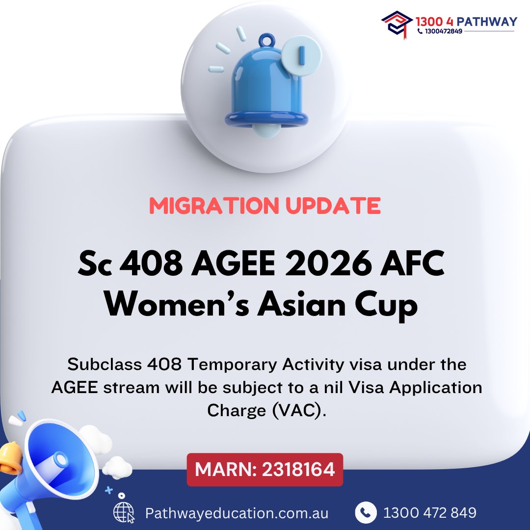 pathway_edu_au's tweet image. 📢⚽🇦🇺 The Migration Instrument 2025 officially designates the 2026 AFC Women’s Asian Cup 

#MigrationUpdate #Subclass408 #AFCWomensAsianCup #AustraliaImmigration #VisaNews #AGEE #TemporaryActivityVisa #AustralianVisa #SportsMigration #ImmigrationAustralia #AustraliaEvents