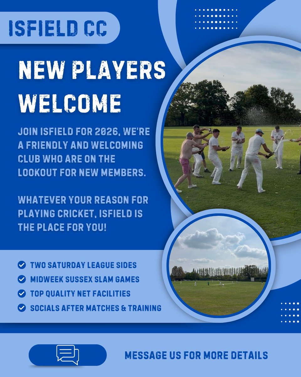 IsfieldCC's tweet image. Join us for 2026! 🏏

We have plenty of opportunities for cricket next year - with two Saturday league sides, a few Sunday fixtures and midweek Sussex Slam games!

We’ll be beginning winter nets at the start of next year, drop us a message to find out more about the club! 📲