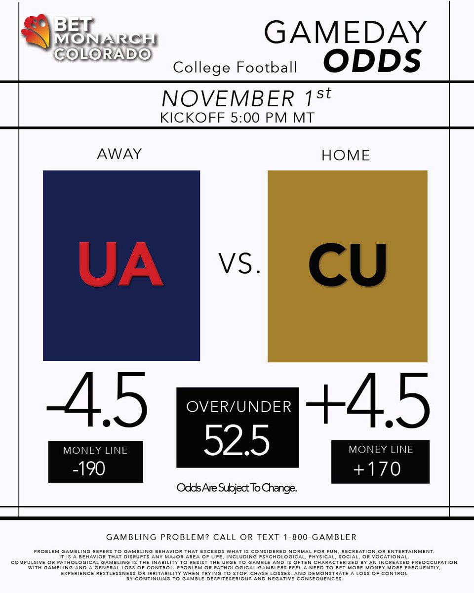 🏈 Saturday College Football! Arizona (4-3) vs. Colorado (3–5) ⏰ Kickoff: 5:00 pm MT

Why bet anywhere else when you can Bet Local with Bet Monarch Colorado? 😎

Via Bet Monarch Colorado

📲GAMBLING PROBLEM? CALL OR TEXT 1-800-GAMBLER