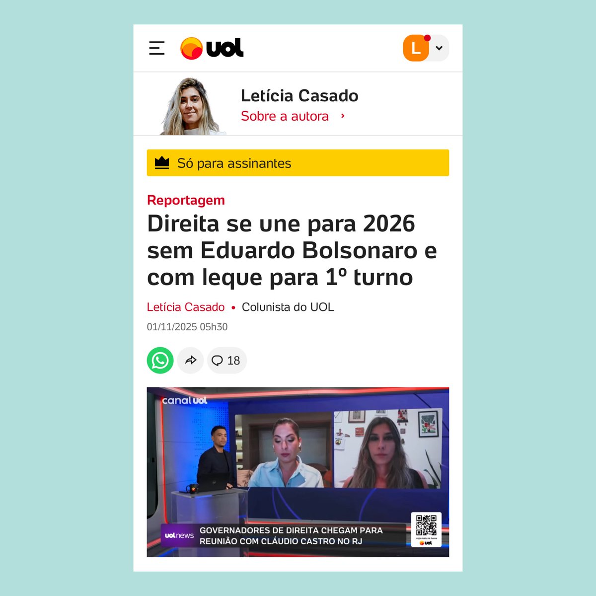 Direita se organiza para 2026 sem Eduardo Bolsonaro e com leque para 1º turno 

noticias.uol.com.br/colunas/letici…
