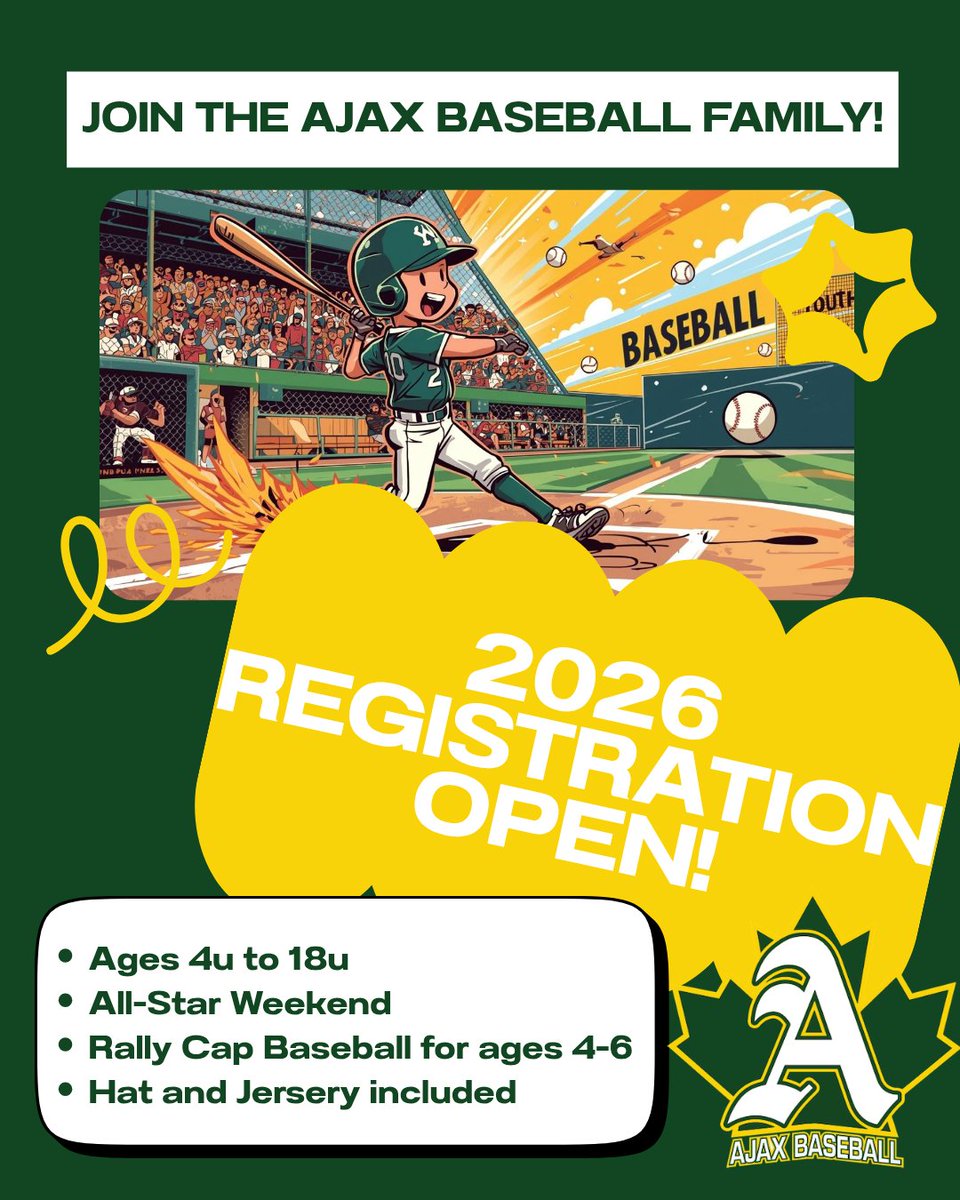 ajaxbaseball's tweet photo. Join us for the 2026 season!

✨ We are bringing back $70 Rally Cap Baseball: Available for players born in 2020 or later—register by January 1st to secure this amazing deal.

🎉 House League Registration is OPEN!

Register now:  https://t.co/uqPeIAvBan https://t.co/8HuYxXkK6X