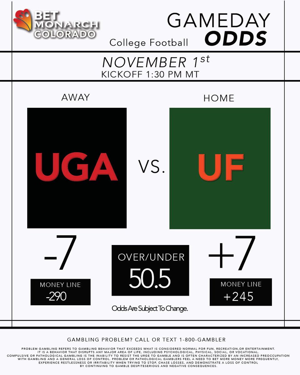 🏈 Saturday College Football! Georgia (6-1) vs. Florida (3-4) ⏰ Kickoff: 1:30 pm MT

Why bet anywhere else when you can Bet Local with Bet Monarch Colorado? 😎

Via Bet Monarch Colorado

📲GAMBLING PROBLEM? CALL OR TEXT 1-800-GAMBLER