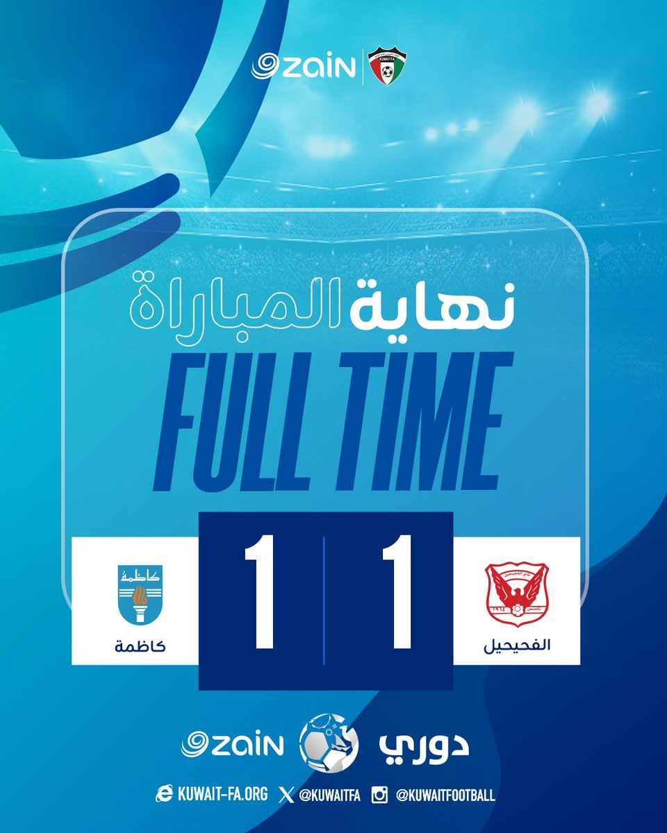 نهاية المباراة 💥⚽
الفحيحيل 1 - 1 كاظمة

#دوري_زين
#KuwaitFA
#كاظمة_الفحيحيل