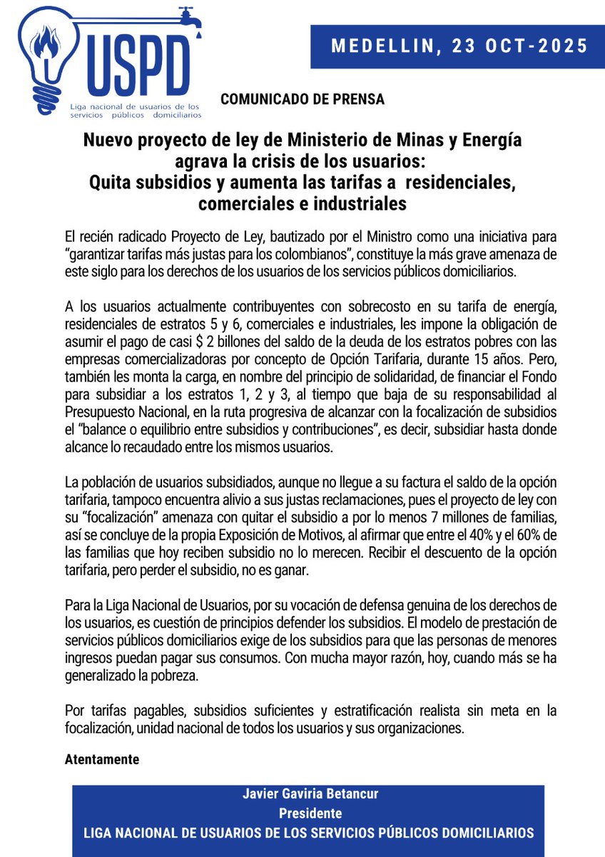 El nuevo proyecto de ley del ministerio de minas y energía agrava la crisis de los usuarios.