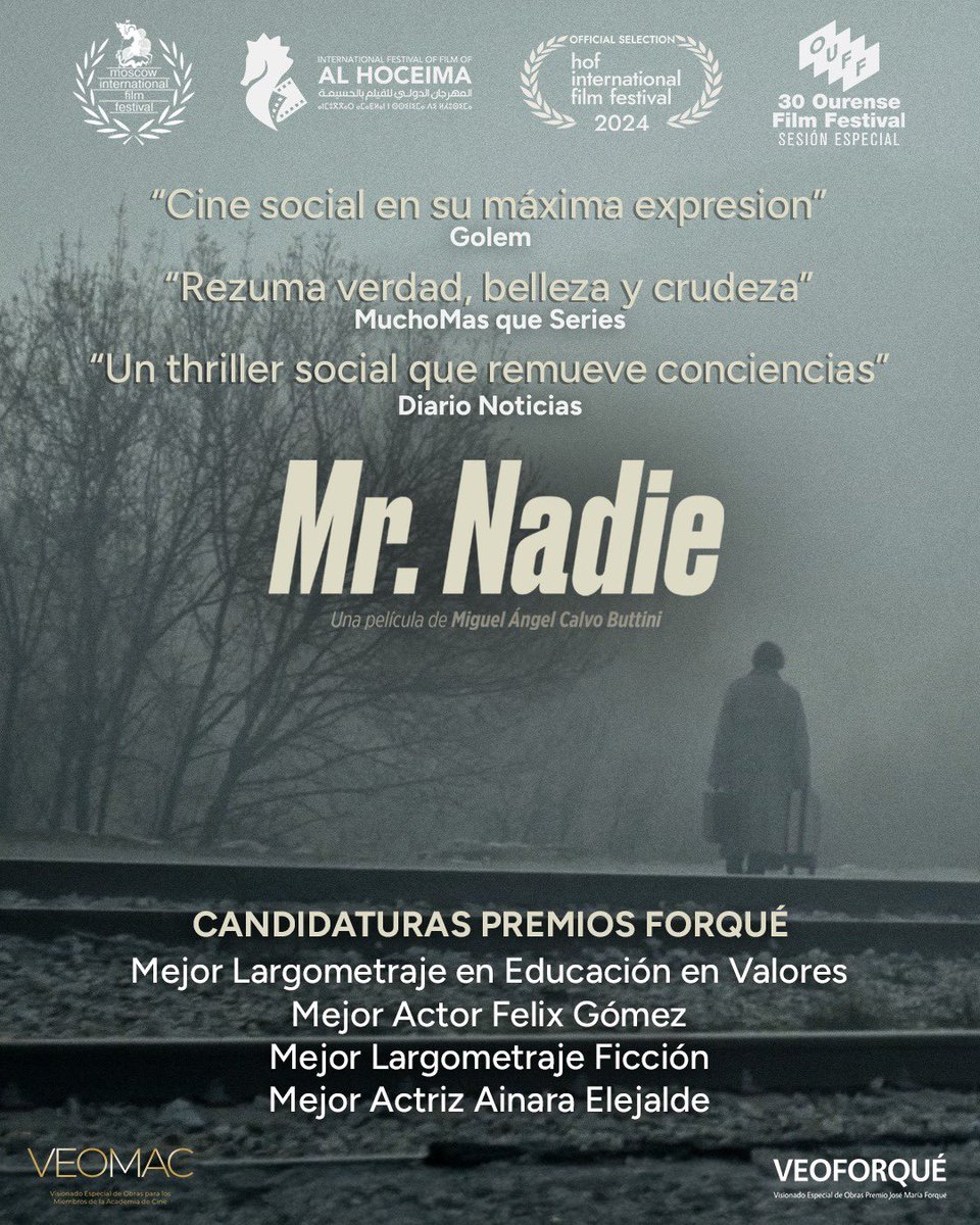 🎬 MR. NADIE, candidata a los Premios Forqué 2025 en:
🏆 Mejor Largometraje de Ficción
🏆 Mejor Largometraje en Educación en Valores
🏆 Mejor Actor — Félix Gómez
🏆 Mejor Actriz — Ainara Elejalde

Un thriller social que remueve conciencias.
🗳️ Votaciones hasta el 2 de noviembre