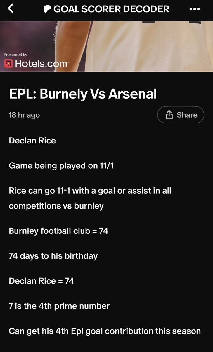 JamaicanDecoder's tweet image. Declan Rice
Game being played on 11/1
Rice can go 11-1 with a goal or assist in all competitions vs burnley
Burnley football club = 74
74 days to his birthday
Declan Rice = 74
7 is the 4th prime number
Can get his 4th Epl goal contribution this season