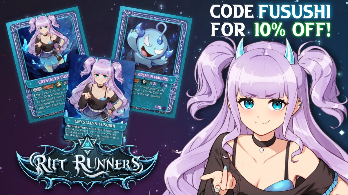 𝐑𝐢𝐟𝐭 𝐑𝐮𝐧𝐧𝐞𝐫𝐬 𝐬𝐞𝐭 𝟒 𝐩𝐫𝐞-𝐨𝐫𝐝𝐞𝐫𝐬 𝐚𝐫𝐞 𝐨𝐟𝐟𝐢𝐜𝐢𝐚𝐥𝐥𝐲 𝐨𝐩𝐞𝐧!

I’m super excited to be featured in this new set alongside so many incredible Vtubers! ✨

 ⭐️ Use code Fusushi for 10% off!! ⭐️

Good luck on your pulls! May you bring home your oshi~