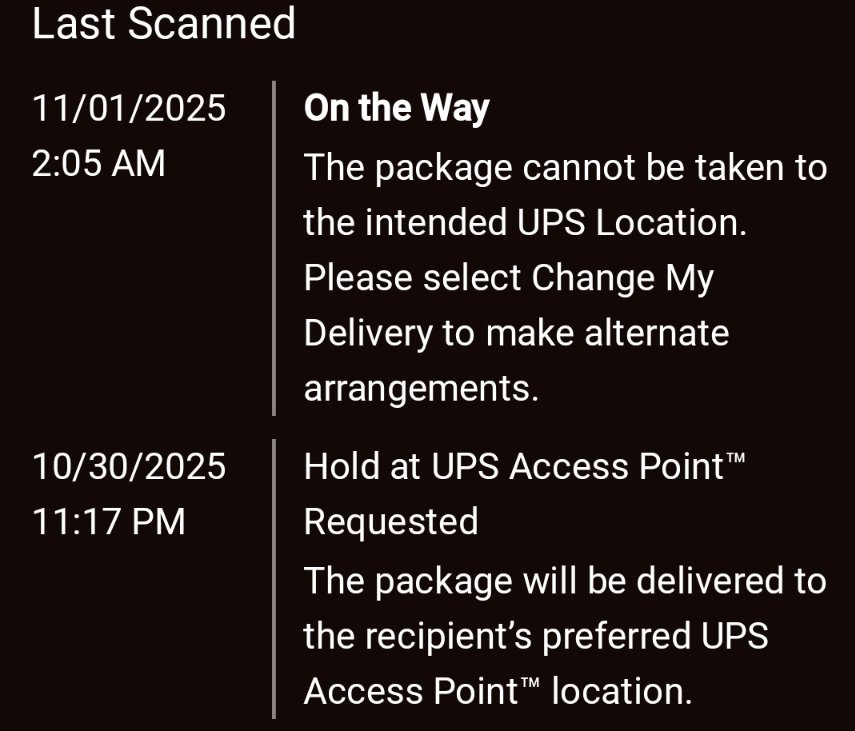 bluetoothborg's tweet photo. @UPS My access point is "full" according to your customer service agents and there are ZERO options to receive it without an additional upcharge!  Not at my house, not at another access point: nothing.  Why are you trying to double-charge a shipment that's already been paid for?? https://t.co/QIUdsN94Vh