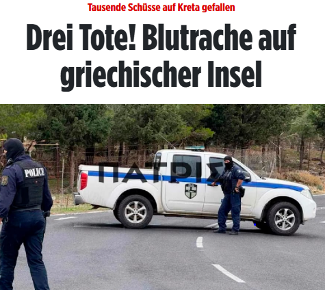 Taykra's tweet image. Vorizia: Dort, wo sonst Hunderttausende Urlaub machen, herrschten am Samstag blankes Entsetzen und Angst. Auf #Kreta gab es einen brutalen Fall von Blutrache. Drei Menschen kamen dabei ums Leben, mehrere weitere – darunter Kinder – wurden schwer verletzt. bild.de/news/ausland/k…