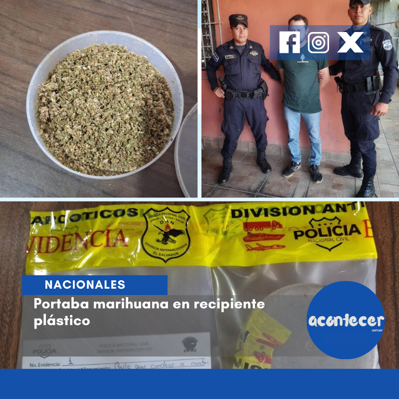 acontecercomsv's tweet photo. ⚠️ Portaba marihuana en recipiente plástico⚠️
En el cantón Las Chinamas, Ahuachapán, Víctor José Escalante Catalán fue capturado mientras transportaba droga.#ControlTerritorial #Operativo #AhuachapánCentro #PNCSV #SeguridadCiudadana #ElSalvadorNoticias #LeyEsLey📝KG https://t.co/V8kFzIRZKT