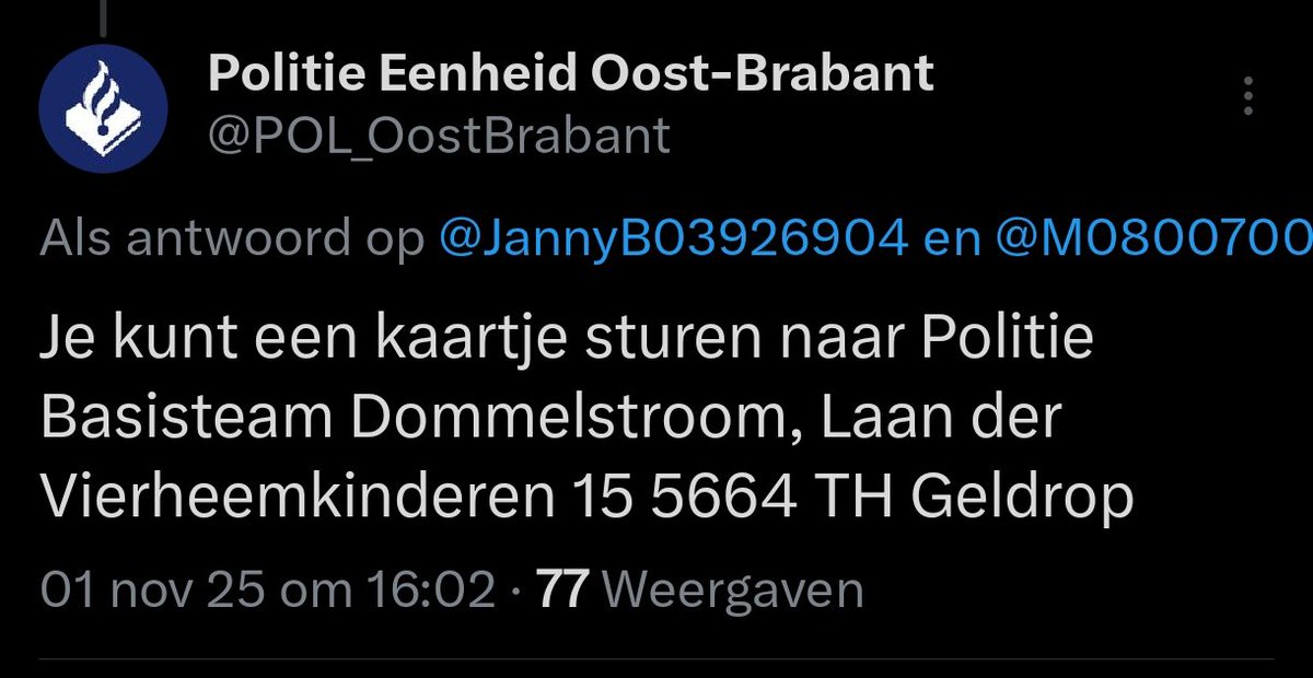 De politieagenten in #Eindhoven is iets vreselijks overkomen toen zij aan het werk waren voor onze veiligheid. Het is een kleine moeite om ze een hart onder riem te steken. Deel dit bericht en stuur de gewond geraakte collega's een kaartje om ze te steunen.
#steundepolitie 💙