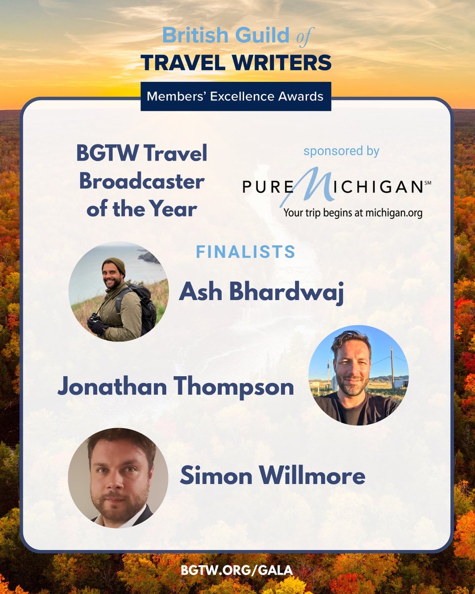 TravWriters's tweet image. 🥁 Announcing the BGTW Members’ Excellence Awards “BGTW Travel Broadcaster of the Year” finalists, presented by @PureMichigan 

👏 Congratulations to @AshBhardwaj, @JT_Travels, &amp;amp; @SiWillmore!

🏆revealed at 3 November's gala: bgtw.org/gala
