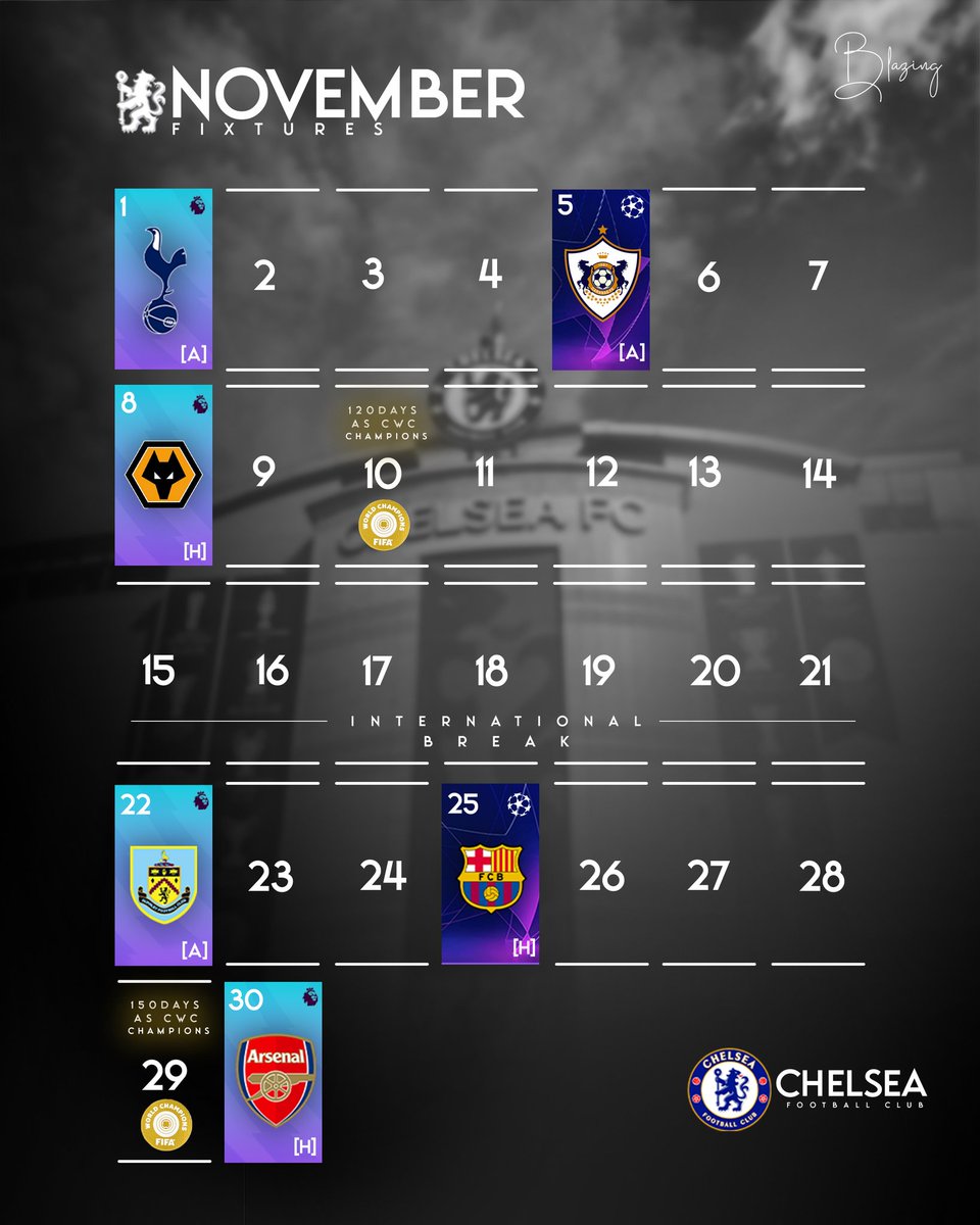 Oyin_Jnr's tweet photo. @ChelseaFC โ November Fixtures!๐โฝ๏ธ
We kick off November with Spurs today at 18:30!โฝ๏ธโจ๏ธ๐
Artwork credit: Bridgway ๐
#COYB #ChelseaFC #CFC #NovemberFixtures https://t.co/Bx7wr9W6H5