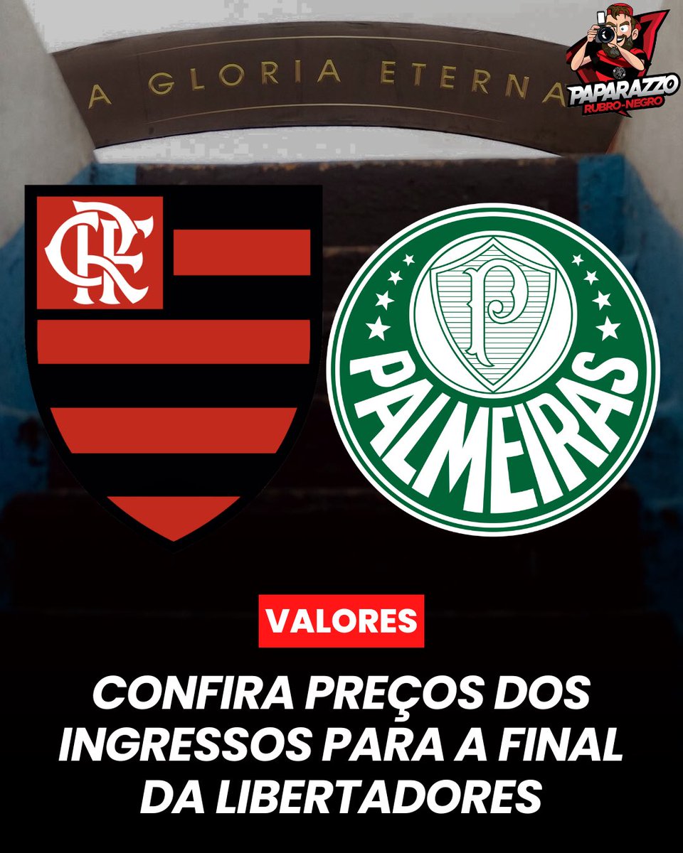 Flamengo e Palmeiras se enfrentam no dia 29 de novembro, em Lima (PER), pela grande final da Copa Libertadores. Segundo a jornalista <a href="/simpraisa/">Raisa Simplicio</a> , estes serão os valores dos ingressos para a decisão:

Categoria 1 - US$ 320 (R$ 1720)
Categoria 2 - US$ 200 (R$ 1075)
Categoria 3