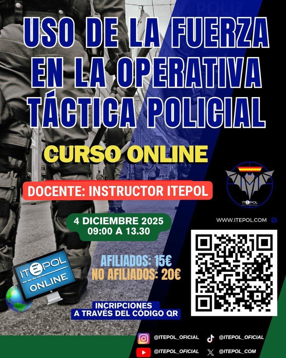ITEPOL_COM's tweet image. USO DE LA FUERZA EN LA OPERATIVA TÁCTICA POLICIAL
💪🏻👮🏻‍♂️🤬🔫🔪🛡️

El objetivo es trasladar la teoría a la parte operativa de las intervenciones donde se tenga que aplicar el uso de la fuerza. 
APÚNTATE ✍🏻🔗 forms.gle/uijpzkxWku9Lgc…
