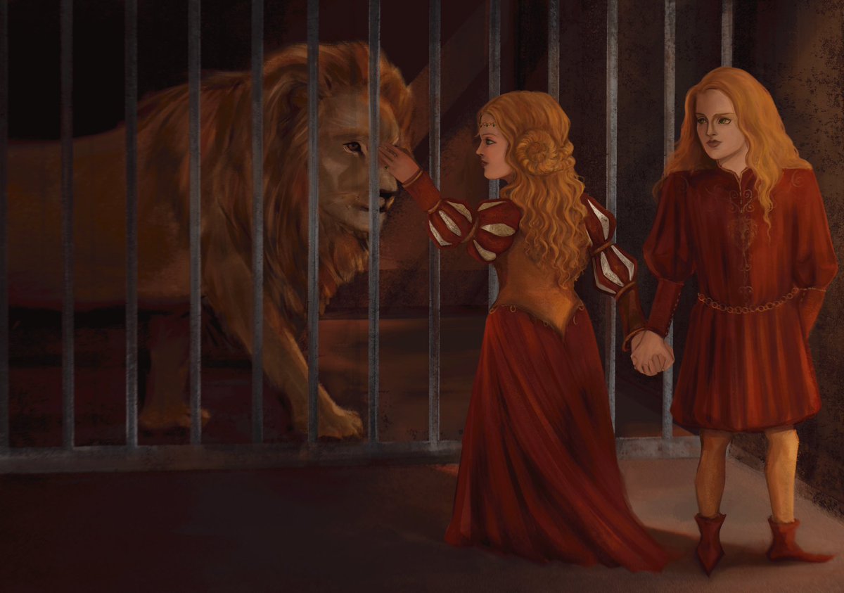 cerseidefender's tweet photo. #cerseiweek2025 Day 1: Childhood

“The lion had turned his head to stare at her with huge golden eyes. Then he licked her fingers. … "Your turn," she told him afterward. "Pull his mane, I dare you." He never did. I should have had the sword, not him.”

art by: @sali_alenn https://t.co/lxhyFIGyE8