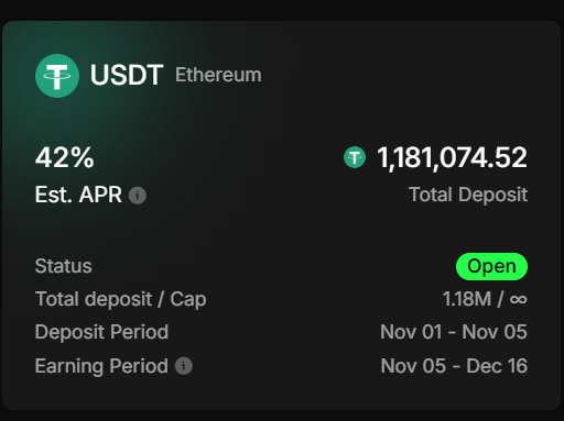 USDT Smart Vault <a href="/RiverdotInc/">River</a> Phase 2 Opening Announcement

📌Important Information
• Deposit Period: November 1st, 11:00 PM to November 5th, 11:00 PM
• Total Limit: Unlimited
• Trading Time: 45 days
• Actual Return: 6% Annualized Return Rate
• Implied Return: 36% Annualized