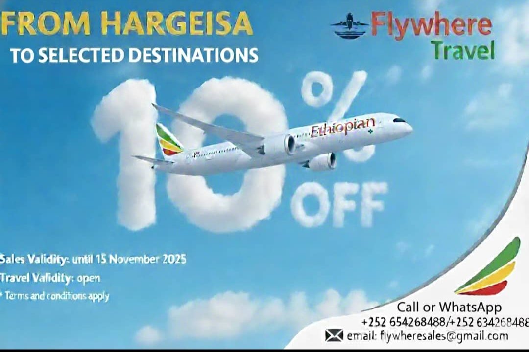 FlywhereTravel's tweet photo. โ๏ธ Jet, set, go! ๐ Fly #Ethiopian Airlines from #Hargeisa with 10% OFF thanks to #Flywhere Travel. Vacation mode: ON.
Offer expires #15novembre 2025, donโt be the one left behind!
๐ or WhatsApp +252 654268488 / +252 634268488.๐งEmail:flywheresales@gmail.com https://t.co/7wPGvdrkTJ