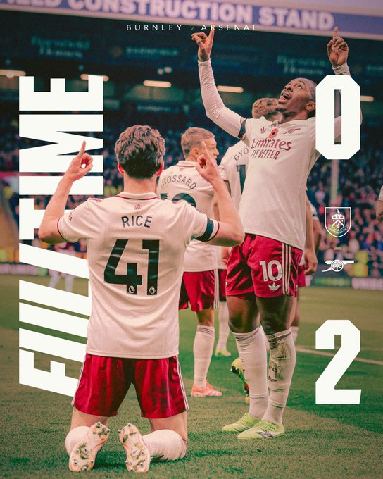 A full-time graphic showing the 0-2 scoreline with an image of Declan Rice and Ebere Eze celebrating.