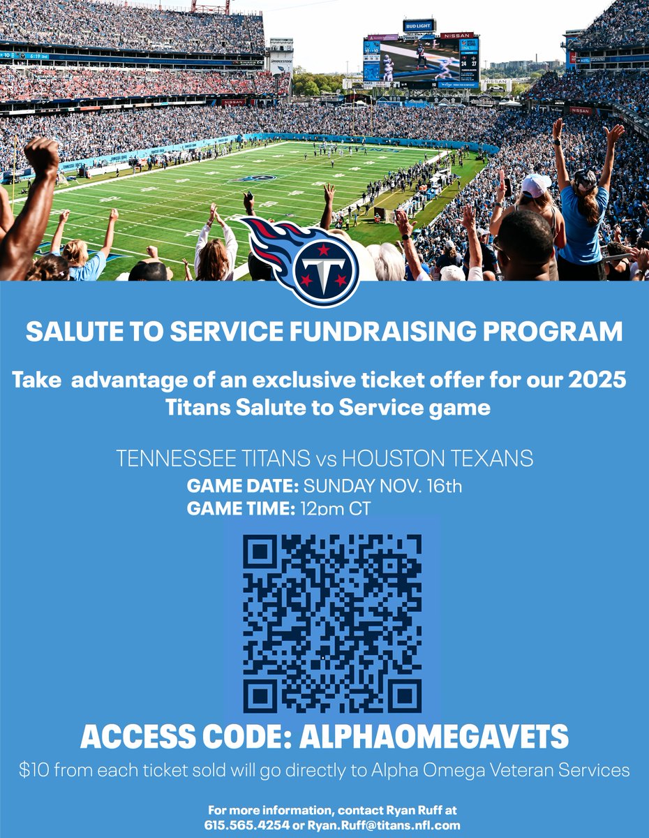 Proud to be new partners with the @TennnesseeTitans! $10 from every ticket purchased for the 11/16/25 game with this QR &amp; Access Code: ALPHAOMEGAVETS goes toward the care &amp; housing of our veterans here in Memphis!
#TitanUp
#HonorVeterans
#FreedomIsntFree