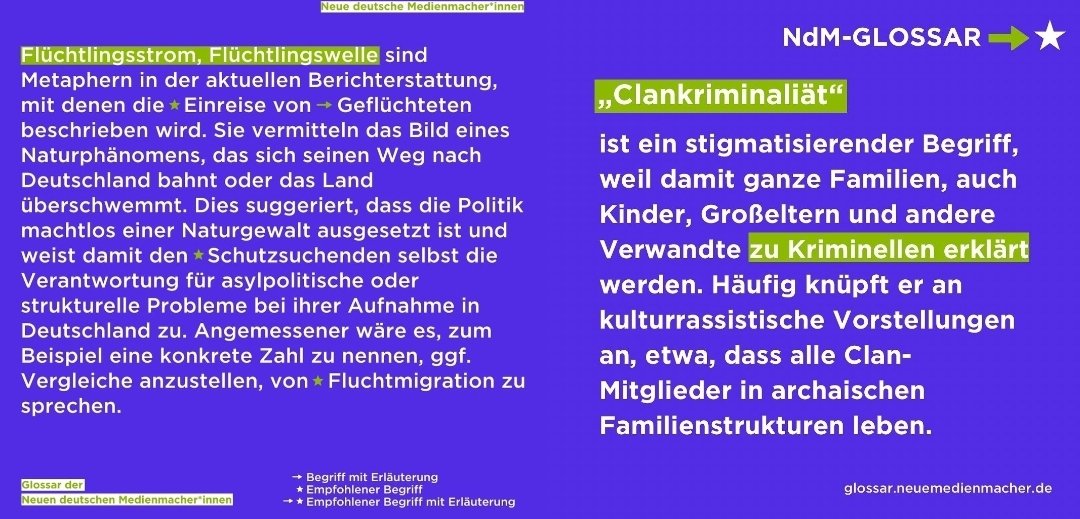 Die "Neuen deutschen Medienmacher*innen" schulen ZDF Journalisten zum Thema Migration. Die staatlich finanzierte NGO hält den Begriff "Clankriminalität" für stigmatisierend. Statt dem Wort Flüchtlinge sollen Geflüchtete oder Schutzsuchende verwendet werden. Statt Flüchtlingswelle