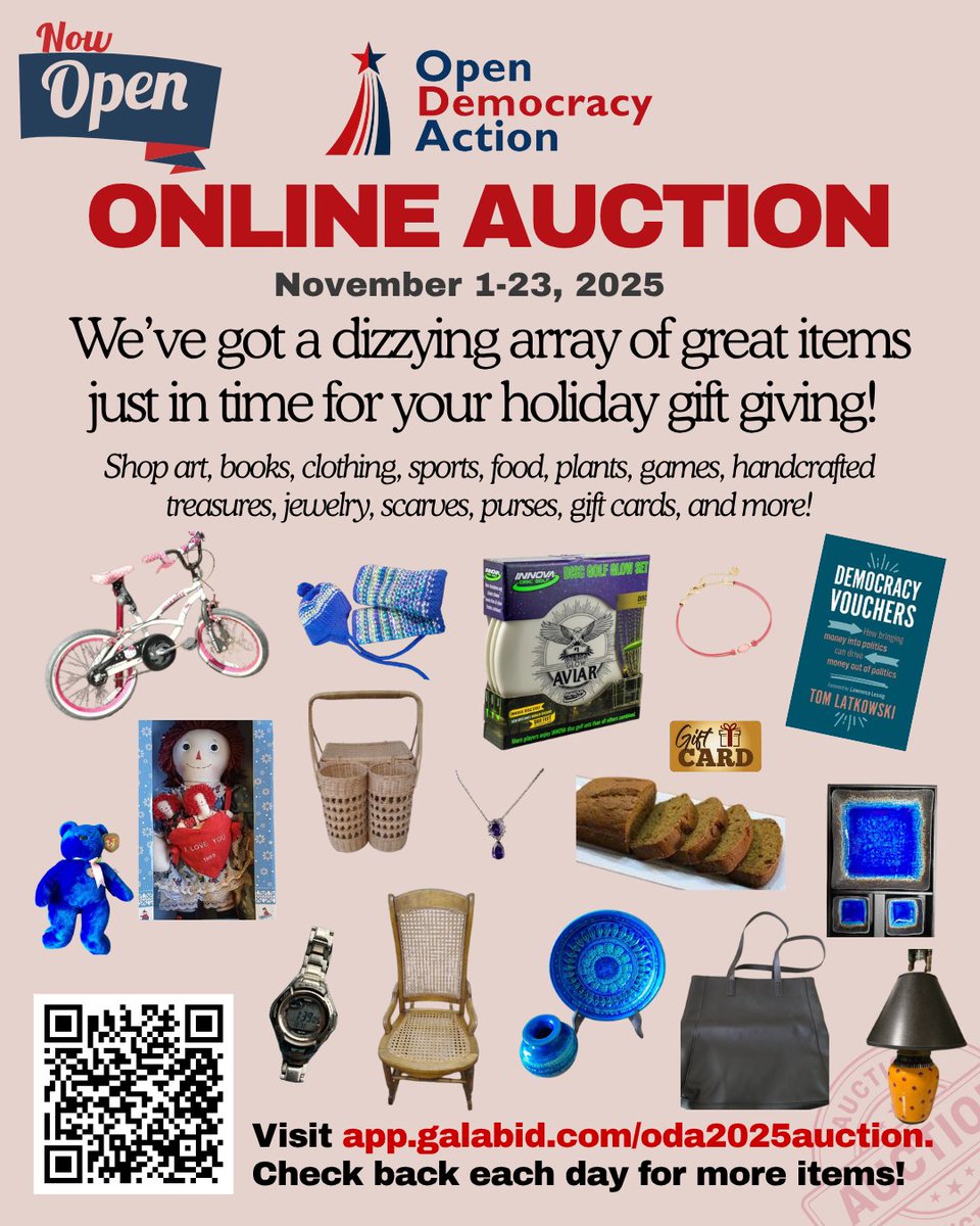 OpenDemoAction's tweet image. Each purchase help build a stronger, fairer democracy for all. Let the bidding wars begin: app.galabid.com/oda2025auction…

#OpenDemocracyActionNH #Auction #Democracy #NewHampshire