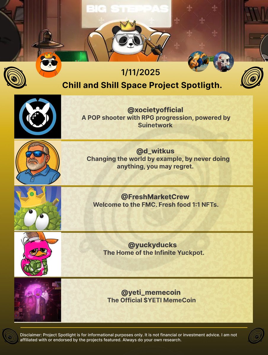 Projects spotlight from the Shill and Chill space by <a href="/scoobydyor/">Scooby 🖤</a>.

Spotlighting 
✓ <a href="/xocietyofficial/">XOCIETY</a>
✓ <a href="/d_witkus/">David Witkus</a>
✓ <a href="/FreshMarketCrew/">Fresh Market Crew 🌿</a>
✓ <a href="/yuckyducks/">Yucky Ducks</a>
✓ <a href="/yeti_memecoin/">Moonyeti</a>

Co-hosted by <a href="/__DreaMeNDeAn32/">32DreaMe</a>
&amp; <a href="/0xJolt/">Jolt</a>

Join X spaces, connect, share, and find Alpha's with the Sermon.