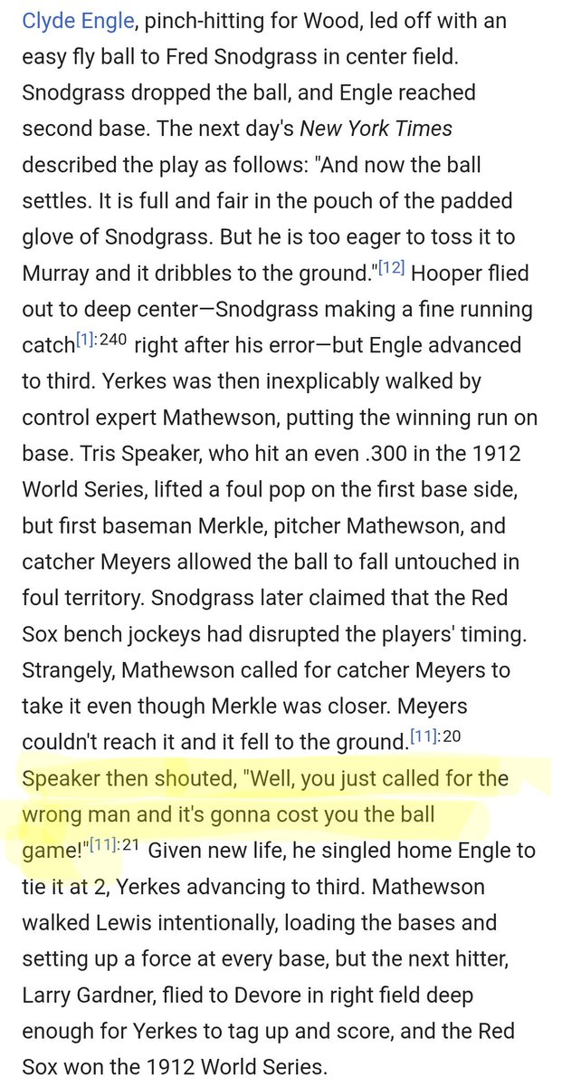 Re: Golden Pitches in winner-take-all games: Tris Speaker was an *interesting* guy. How about the gamesmanship here in 1912 Game 8, extra innings, trolling fellow future Hall of Famer Christy Mathewson after a dropped foul pop-up?
