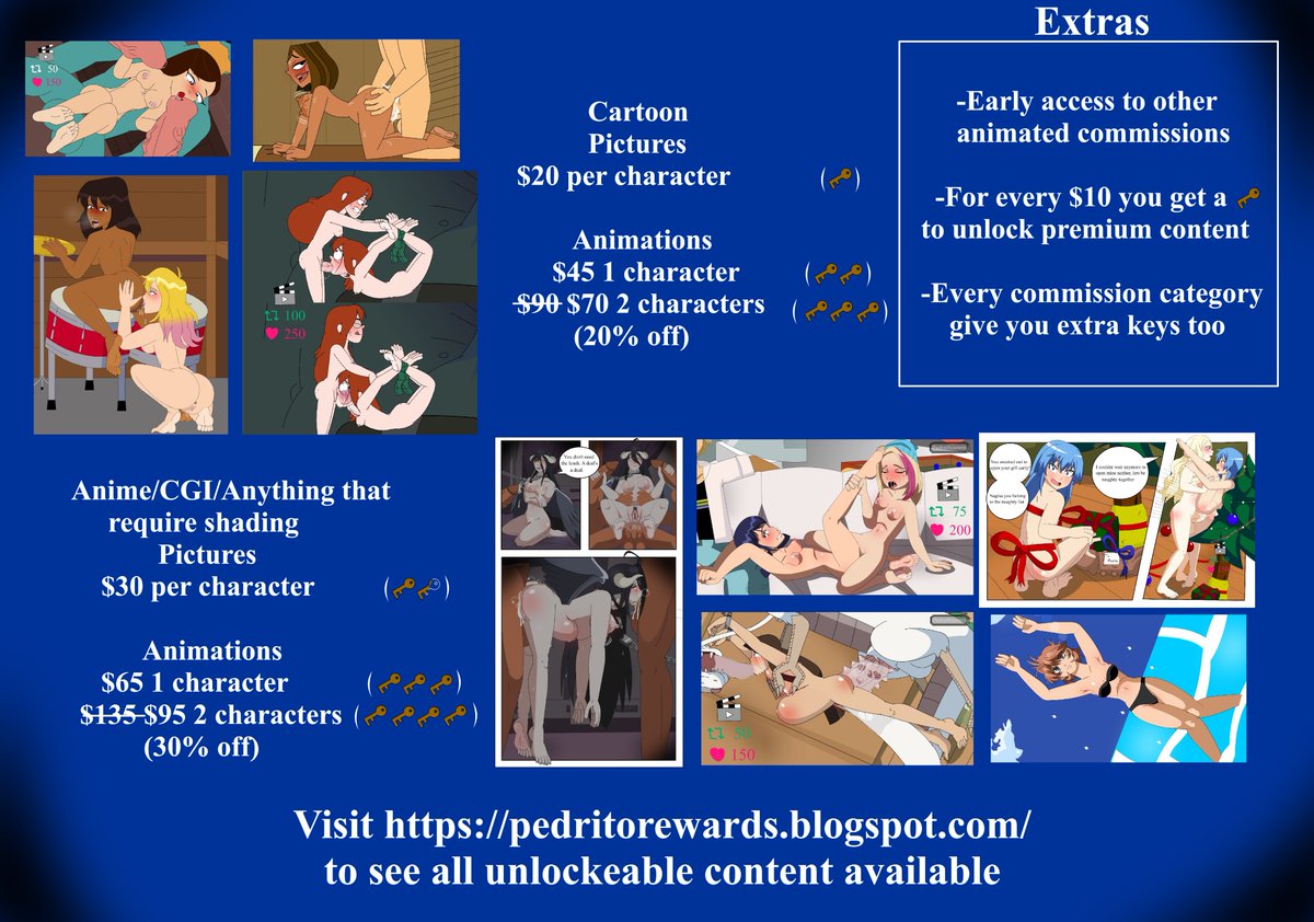 Multiple panels display cartoon illustrations of nude female characters with exposed breasts and intimate areas in provocative poses including sitting, lying, and interacting; pricing text overlays show 20 dollars per picture for extras, 30 dollars per picture for shading, 40 dollars per animation, and 65 dollars for animation with shading, plus discount details and a link to pedrotrewards.blogspot.com.