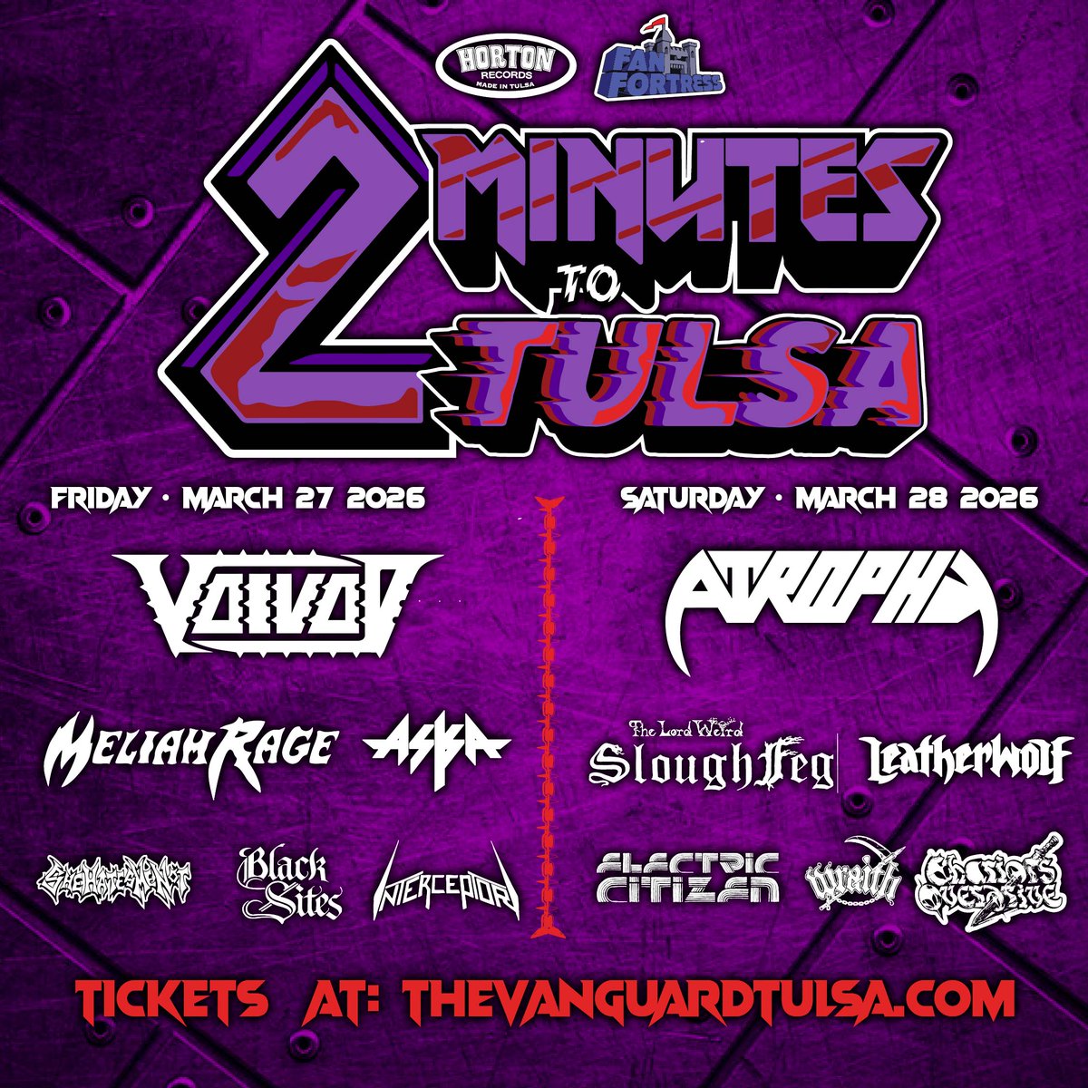 Just announced! LEATHERWOLF will be playing the 2026 edition of <a href="/2MinutesToTulsa/">2MinutesToTulsa</a> which takes place March 27 &amp; 28 at The Vanguard in Tulsa OK! Can't wait to unleash the Triple Axe Attack for all you Midwest metal heads!   

Tickets are now on sale at thevanguardtulsa.com/shows/2-minute… 🎸🎸🎸