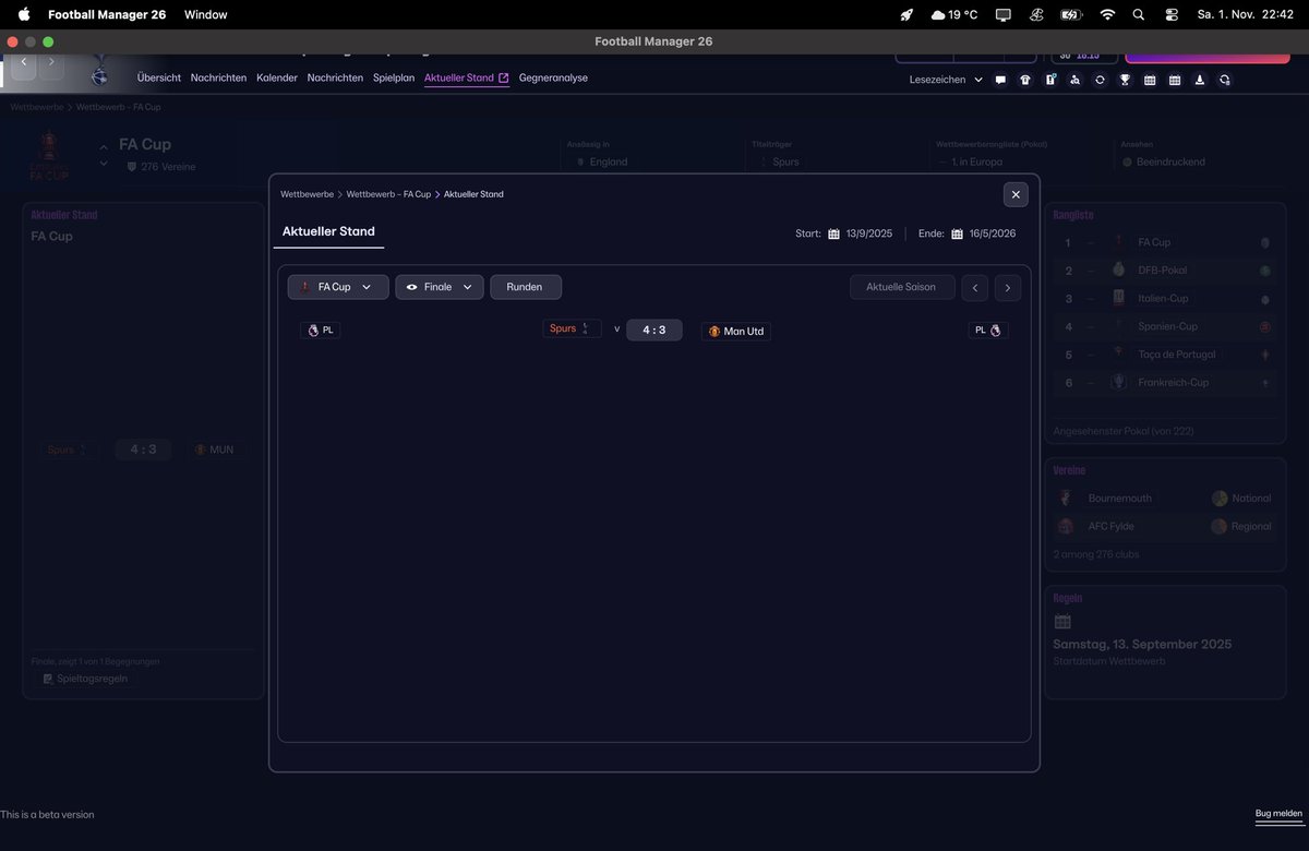 Erste Saison in der #fm26beta und direkt Premier League und FA Cup mit Tottenham gewonnen