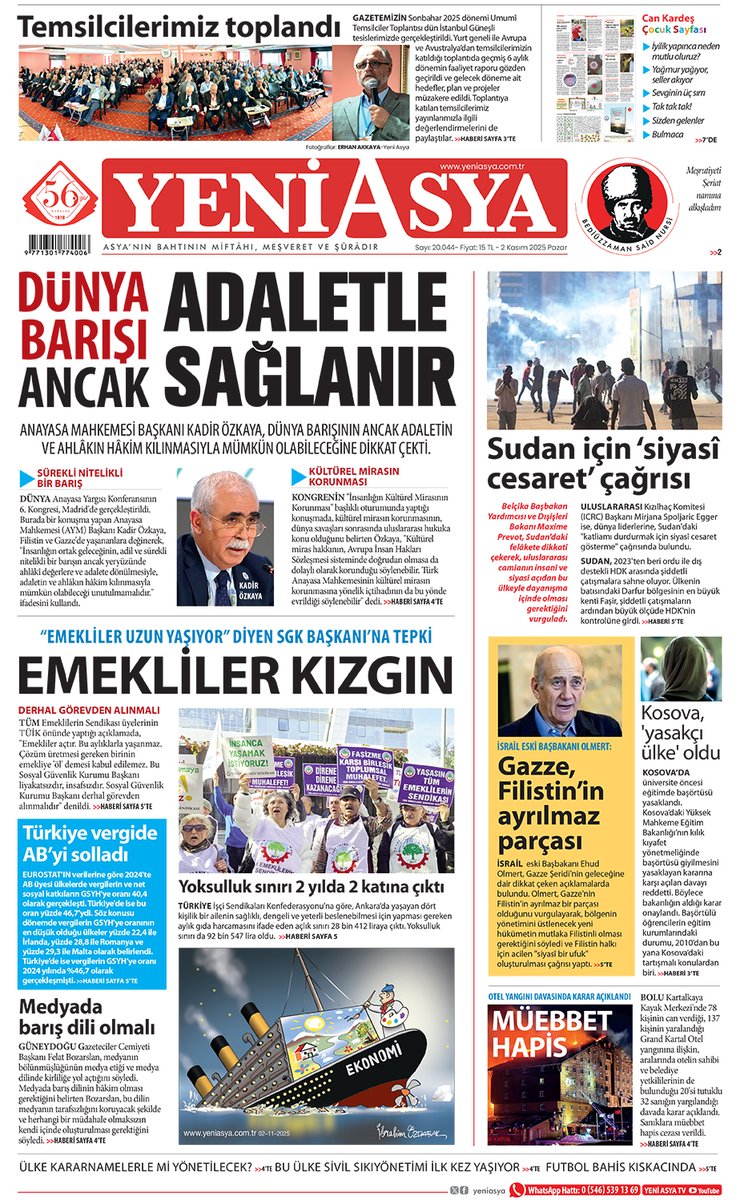 2 Kasım 2025 Yeni Asya 1. Sayfa yeniasya.com.tr/e-gazete/