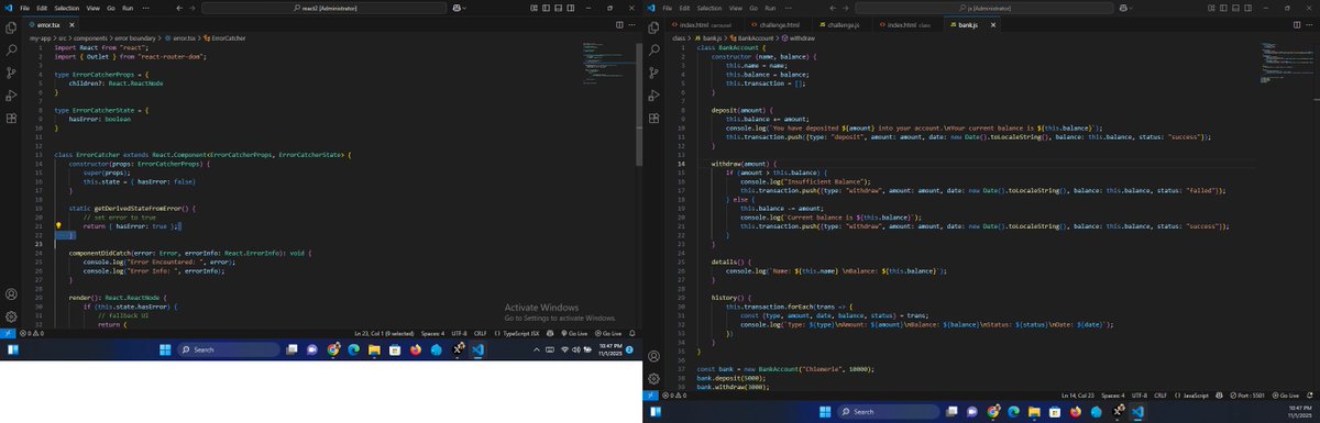 IamChiemerie's tweet image. Looked into Error Boundaries.
Learnt how to use the error handling in react using class.
Learning error boundary actually made me go back to JS to learn classes which I initially ran away from. Guess there's no escape route to anything.
#buildinginpublic #reactjs