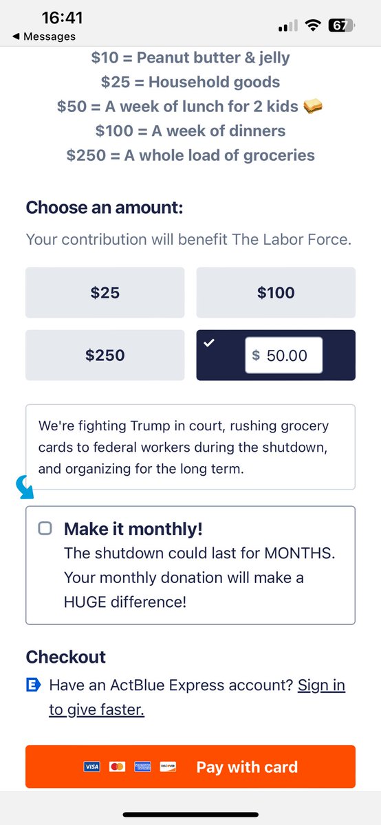 Just received a text from Actblue! They’re looking for donations to help feed the laid off federal staff!