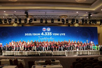First image shows a man in a white shirt and red-and-navy vest holding a microphone while speaking on a stage with a blue backdrop featuring white text for 65. Presidents Council and Antalya 2025 along with rose emblems. Second image depicts a row of men in suits seated behind a long table on a stage with a large blue screen displaying 65 Presidents Council and Turkish flags flanked by flower arrangements. Third image captures a large group of men mostly in suits and vests standing together on a stage in front of a blue screen with the event title 65 Presidents Council Antalya 2025 and red banners. Fourth image presents a diverse group of about 30 people including men and women in formal attire such as suits and dresses posing in a row before a blue backdrop announcing 2025/2026 New Term Presidents with stage lighting.