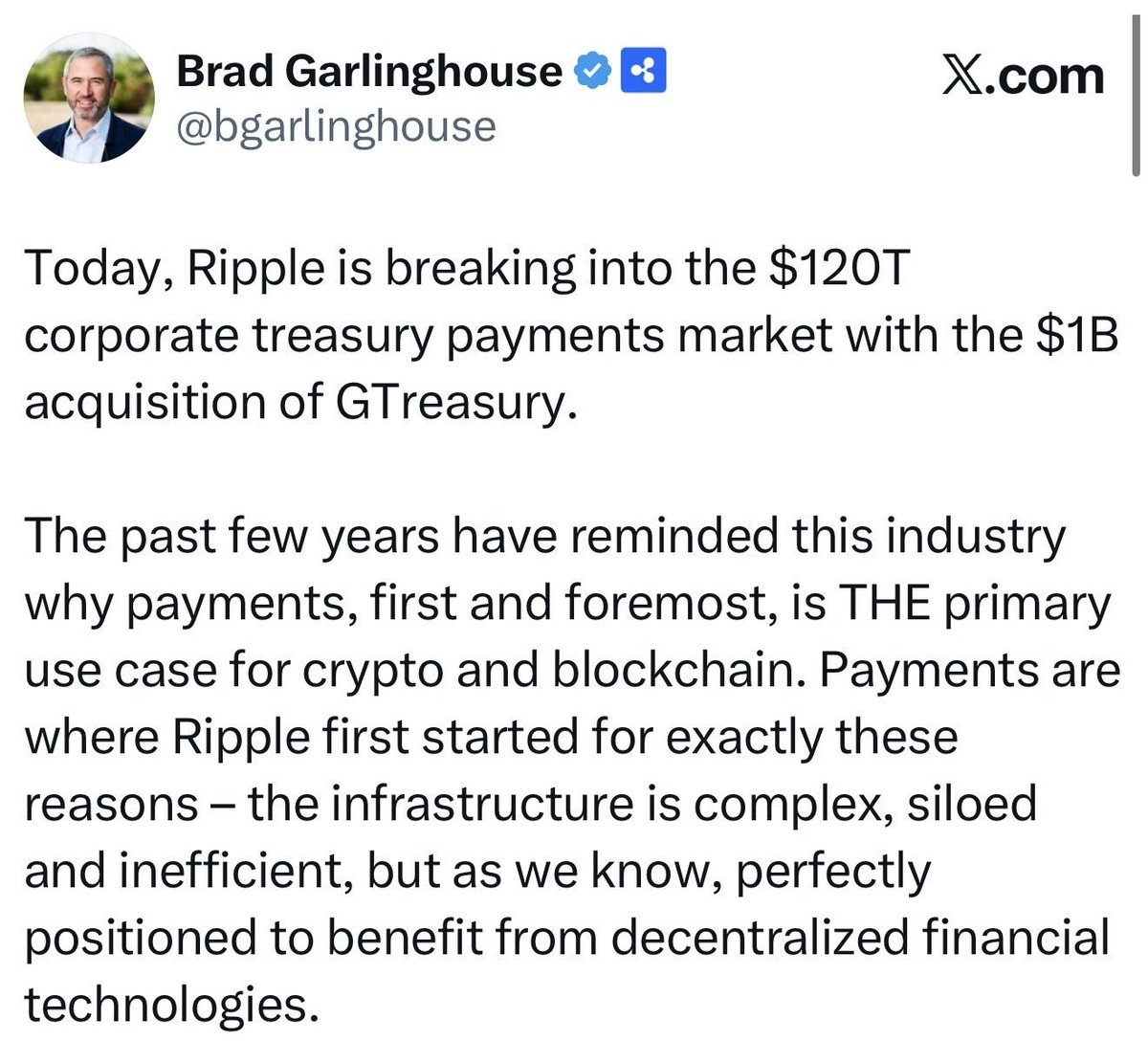 💥REMINDER:

RIPPLE CEO BRAD GARLINGHOUSE ANNOUNCED THAT RIPPLE IS ENTERING THE $120 TRILLION CORPORATE TREASURY PAYMENTS MARKET.

MEGA BULLISH!