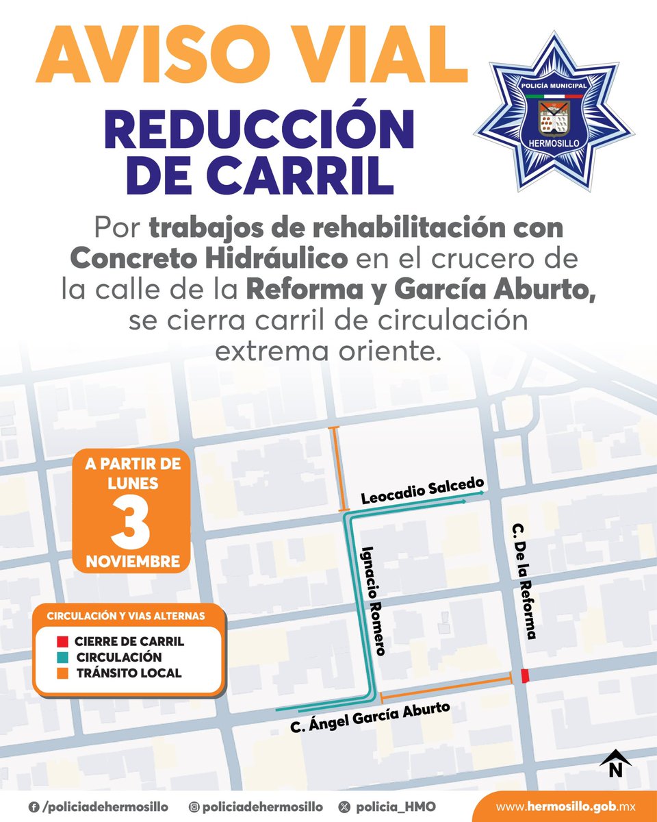 🚧 AVISO VIAL

A partir de este lunes 3 de noviembre, realizaremos trabajos de rehabilitación con concreto hidráulico en el crucero de Reforma y García Aburto.
Por este motivo, se cerrará el carril de circulación extrema oriente.