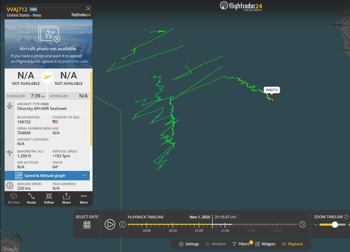 Flightwatcher1's tweet photo. #USNavy MH-60R Seahawk
Código de llamada: VVAJ712
Matrícula: 168152
Hex:#ae4fe8
Helicóptero del USS Gerald R. Ford CVN78, aterrizó en ese punto luego de una patrulla, lo que ubica al barco al oeste de Sicilia🇮🇹
Iría a 14 nudos, si se mantiene podría llegar el 04/11 a Gibraltar https://t.co/iibMqQIVty