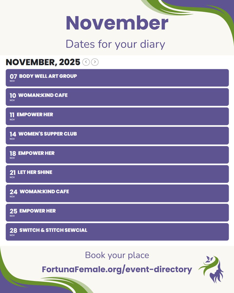 💥 November’s packed, ladies - create, connect, and fill your cup
🎨 Art nights
☕ Woman:Kind Café
🍲 Supper Club
🌟 Let Her Shine
🧵 Switch &amp; Stitch,
and more!

Book on the website 🙌

#FortunaFemaleSociety #WomenInspireWomen #HaltonWomen