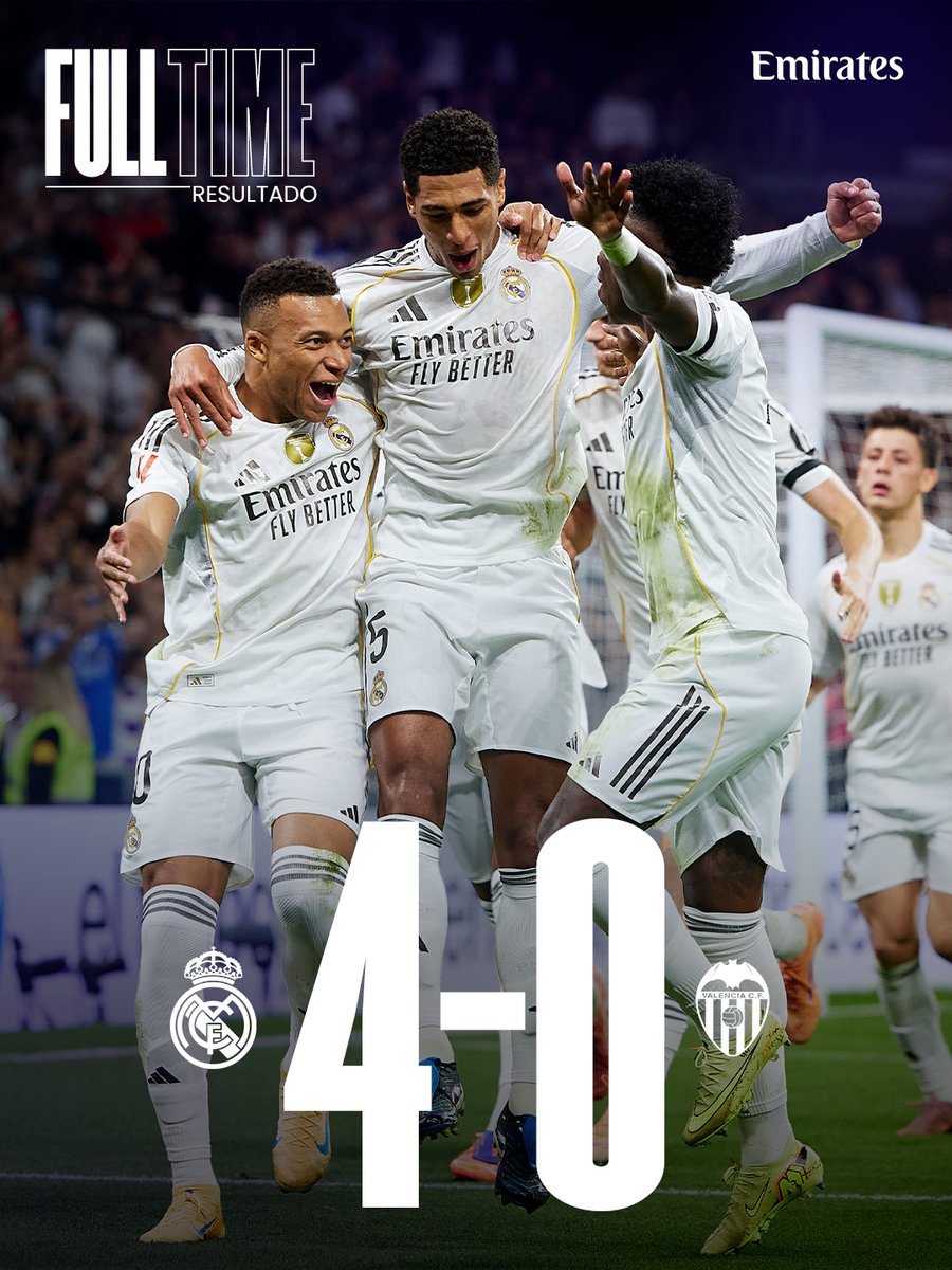 realmadridarab's tweet photo. 🏁 ريال مدريد 4-0 فالنسيا
⚽️ 19' @KMbappe (ضربة جزاء) 
⚽️ 31' @KMbappe
⚽️ 44' @BellinghamJude
⚽ 82' كاريراس 
@emirates https://t.co/3ZJ25dhVRh