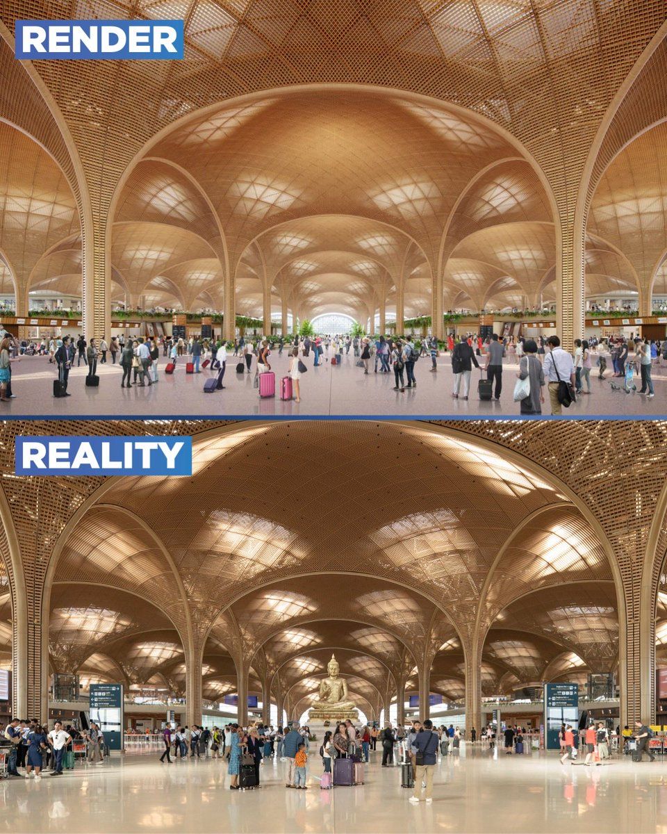 TheB1M's tweet image. From render to reality. Cambodia’s Techo International Airport is now officially open. Designed by @FosterPartners, the airport sits 20-kilometres south of Phnom Penh and has the capacity to welcome 13 million passengers a year. 

The planned phase 2 will take its capacity up to…