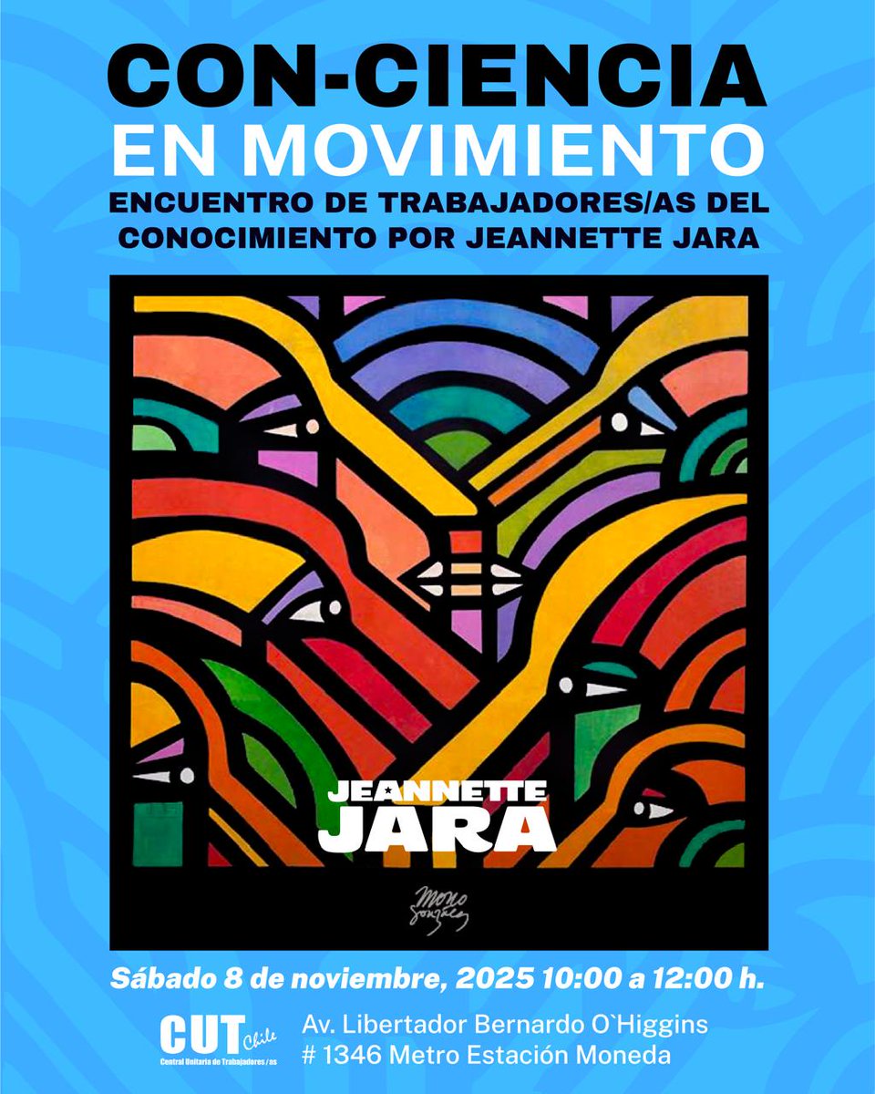 Cristina Dorador Ortiz 🦩 (@criordor) on Twitter photo Estimados/as colegas y amigos/as,
Les invitamos a participar en el Encuentro de Trabajadores/as del Conocimiento por <a href="/jeannette_jara/">Jeannette Jara Román</a> este sábado 8/11 de 10 a 12 horas en la sede de la CUT #CientíficosPorJara 🗳2️⃣
✅️Link de Inscripción: forms.gle/oNuUtqh9WxzwzU… Estimados/as colegas y amigos/as,
Les invitamos a participar en el Encuentro de Trabajadores/as del Conocimiento por <a href="/jeannette_jara/">Jeannette Jara Román</a> este sábado 8/11 de 10 a 12 horas en la sede de la CUT #CientíficosPorJara 🗳2️⃣
✅️Link de Inscripción: forms.gle/oNuUtqh9WxzwzU…